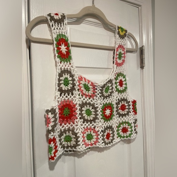 NWT Mexicali Blues OS White Rainbow Crochet Crop Top Tank Granny Square Cotton - Picture 3 of 8